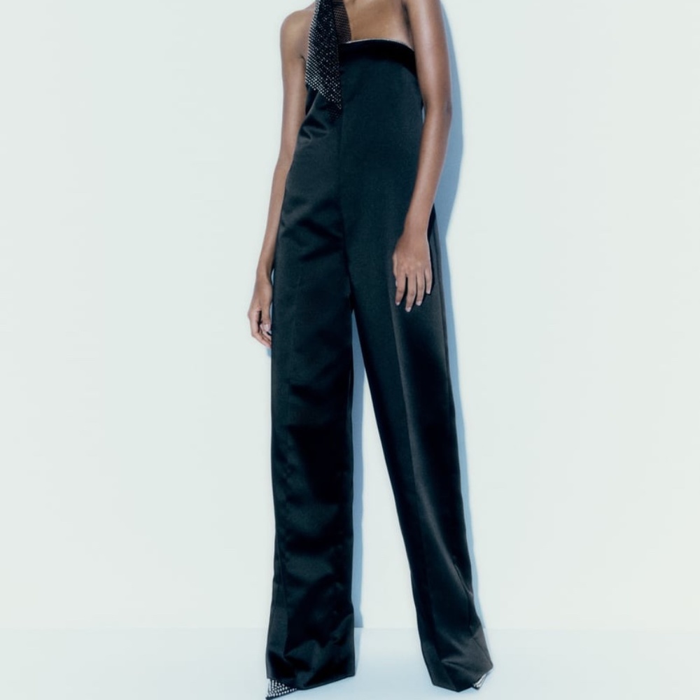 NWT ZARA RHINESTONE SATIN EFFECT JUMPSUIT BLACK XS
